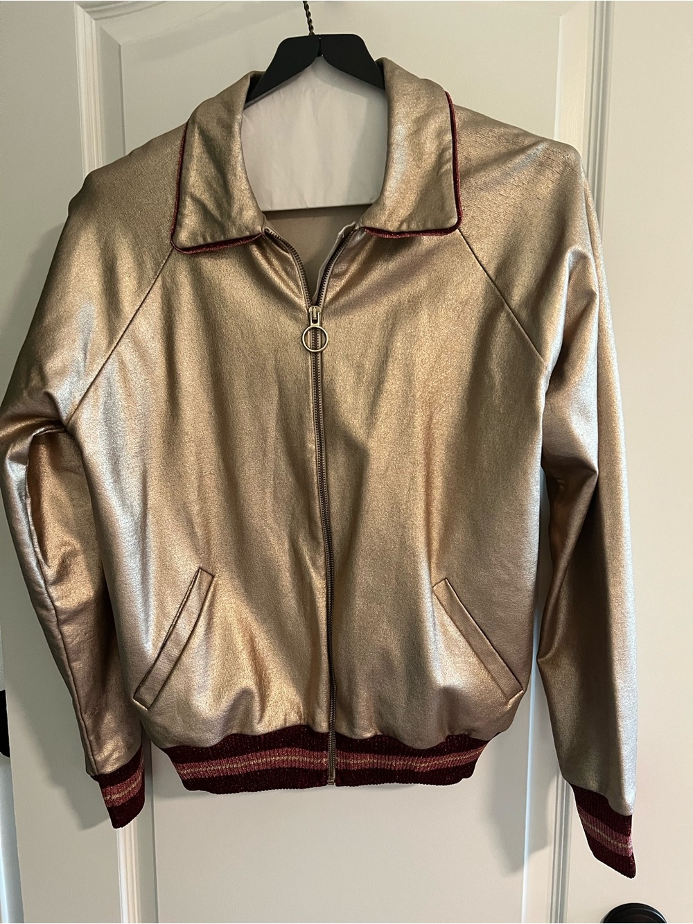 Zara Metallic Gold Bomber Jacket with Burgundy Trim - Size Medium - EUC